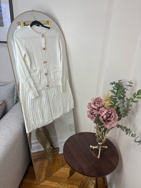 Pants - COMMENSE MEDIUM Cream white Ribbed Button Cardigan top and midi skirt set bundle